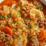 Bowl of hearty cabbage roll soup with cabbage, beef, rice, and carrots in tomato broth.