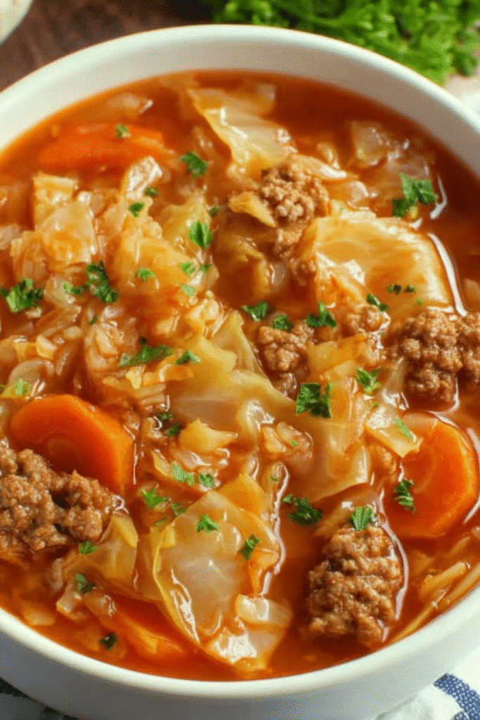 Bowl of hearty cabbage roll soup with cabbage, beef, rice, and carrots in tomato broth.