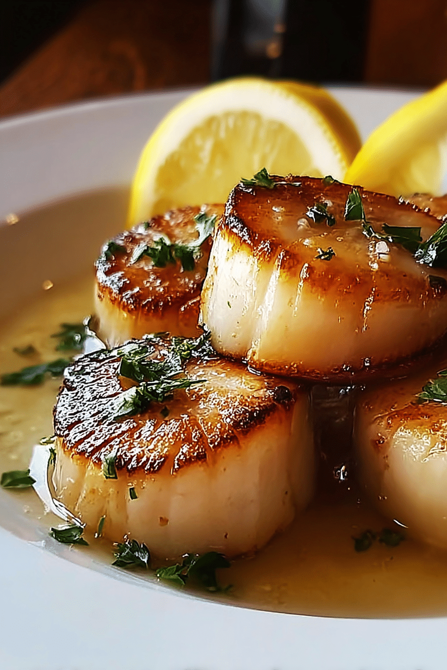 Golden pan-seared scallops with parsley and lemon in buttery sauce on white plate – perfect gourmet seafood dish.