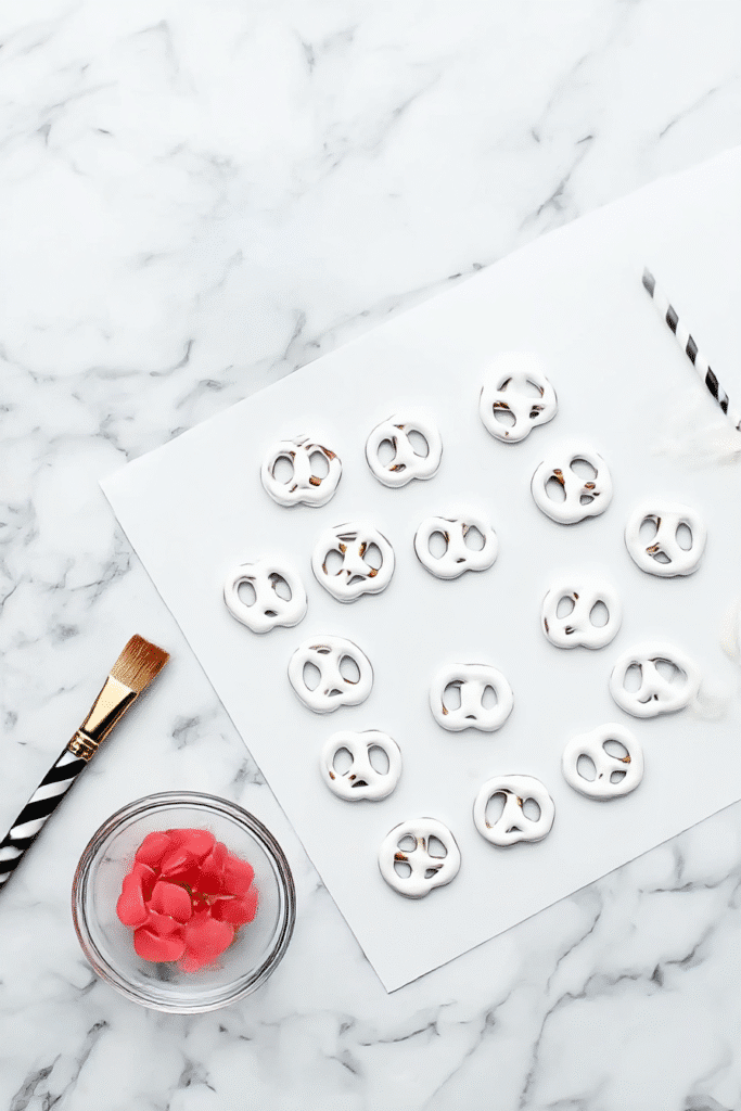 White chocolate-covered Halloween pretzels with red candy melts and decorating tools on a marble prep surface.