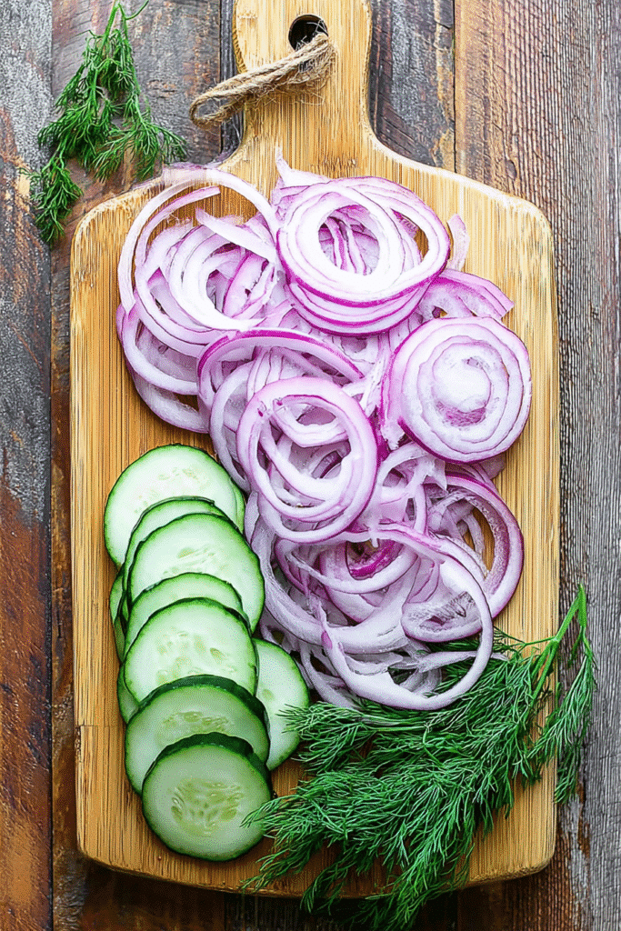 Sliced cucumbers and red onions on a wooden cutting board with fresh dill for creamy cucumber salad.