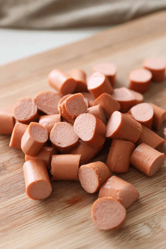 Sliced hot dogs on a wooden cutting board prepared for making hot dog nuggets.