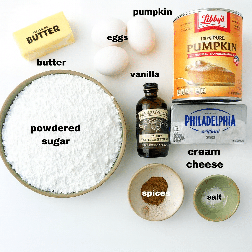 Flat lay of ingredients for the best pumpkin pie recipe, including canned pumpkin, powdered sugar, butter, eggs, and spices.