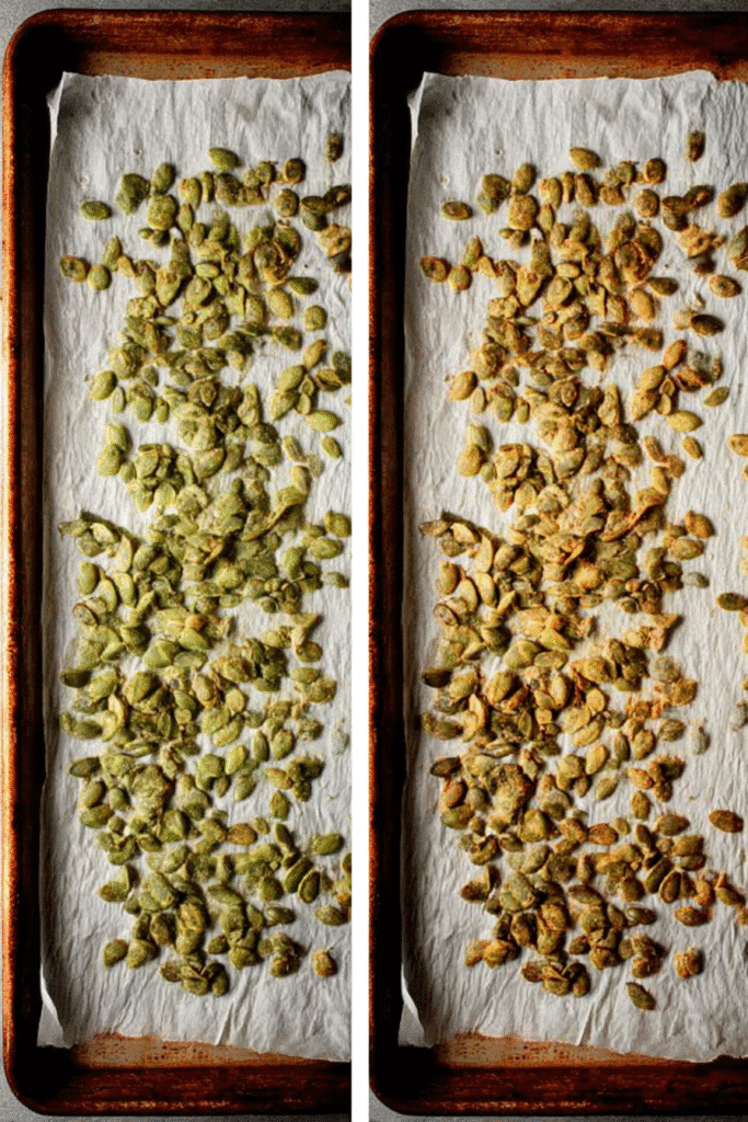 Raw and roasted pumpkin seeds prepared for a harvest salad with butternut squash and apple.