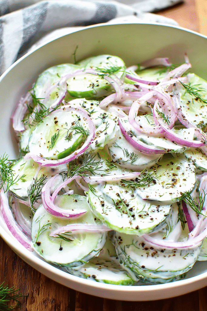 Creamy cucumber salad with red onions and fresh dill in a white bowl, sprinkled with cracked black pepper.