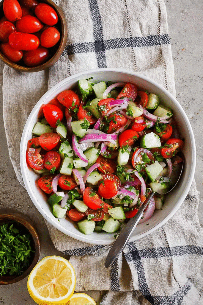 Fresh cucumber tomato salad in a white bowl with onions, parsley, and lemon on a beige navy-checkered cloth.