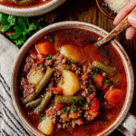 Hearty cowboy soup with ground beef, vegetables, and potatoes in a rustic bowl on a wooden table.