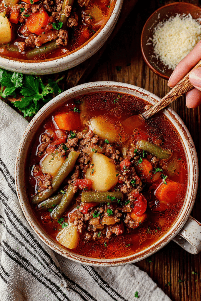 Hearty cowboy soup with ground beef, vegetables, and potatoes in a rustic bowl on a wooden table.