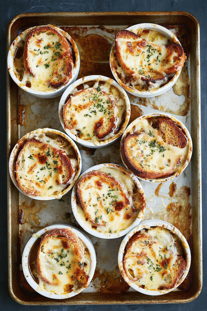 Overhead tray of broiled slow cooker French onion soup in white ramekins with melted cheese and toasted bread.