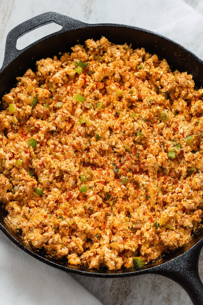 Cooked sausage and cauliflower rice skillet with bell peppers and onions before cheese is added.