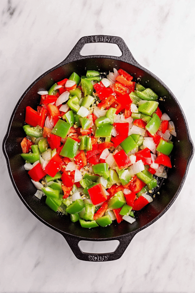 Bell peppers and onions sautéing in a cast iron skillet for Kung Pao Beef