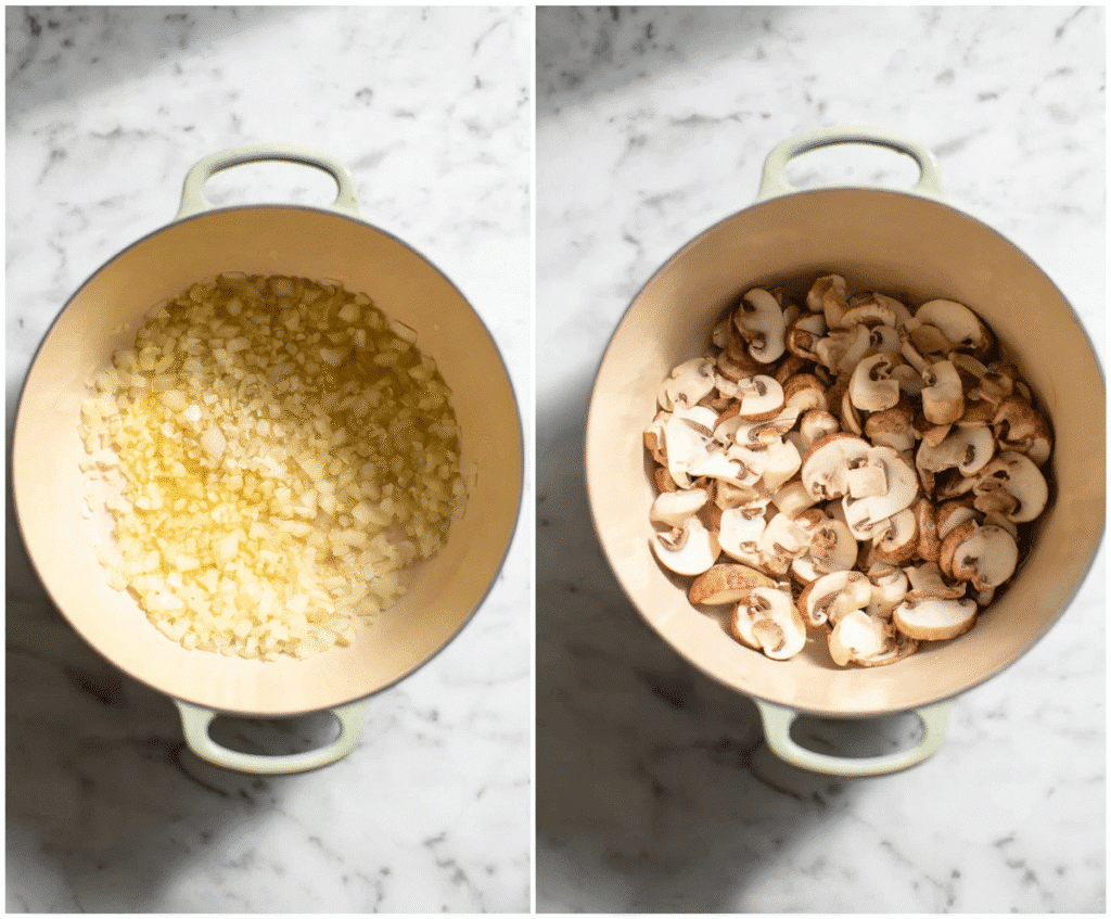 Sautéed onions and fresh mushrooms in a Dutch oven for creamy chicken lasagna soup prep.
