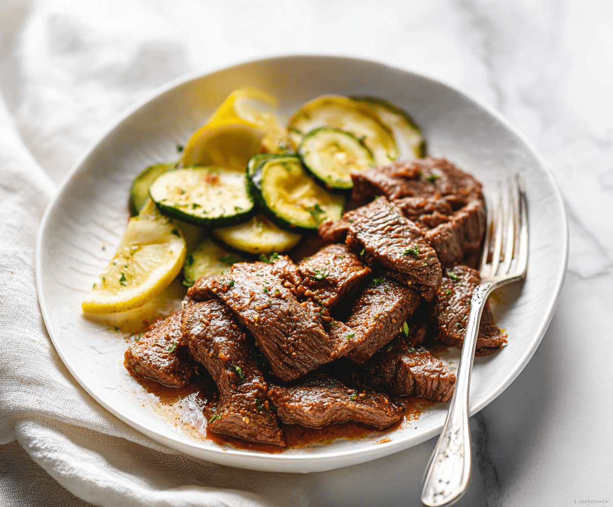 Plated sheet pan steak with lemon zucchini served with lemon slices.