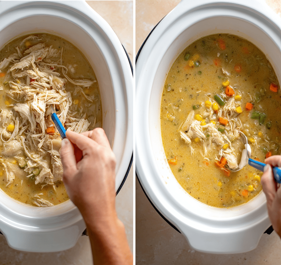 Shredding and mixing creamy crock pot chicken pot pie filling with vegetables.