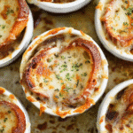Close-up of slow cooker French onion soup in ramekins, topped with golden melted cheese, crisp baguette, and fresh herbs.