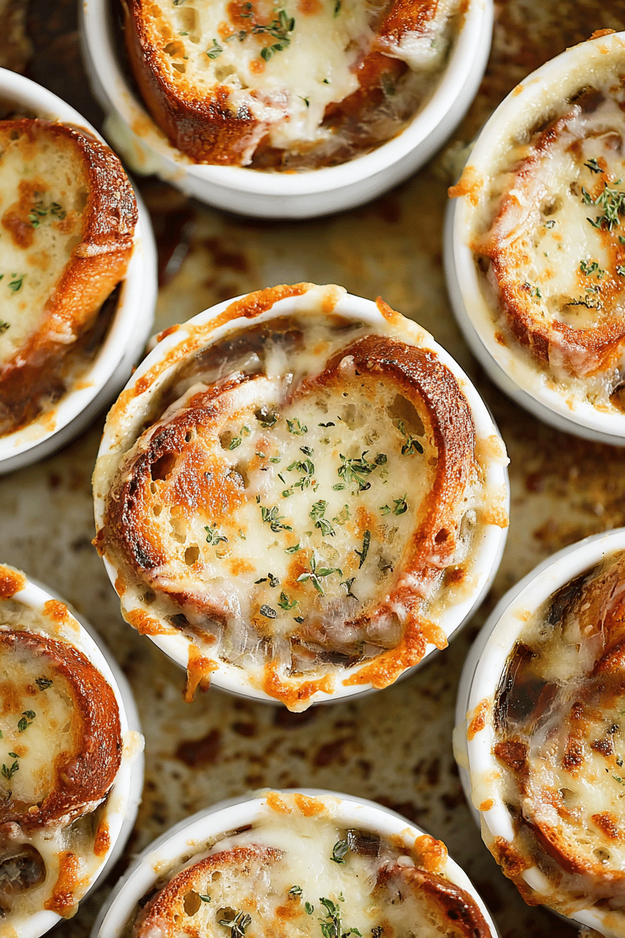Close-up of slow cooker French onion soup in ramekins, topped with golden melted cheese, crisp baguette, and fresh herbs.