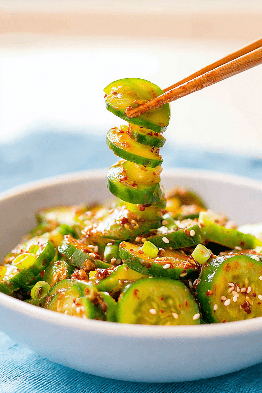 Spiral-cut Korean cucumber salad in a white bowl with chopsticks lifting a cucumber slice, topped with sesame seeds and chili seasoning.