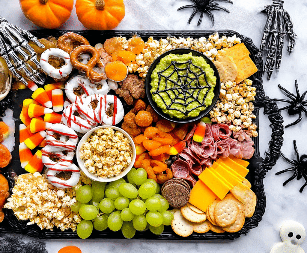 Festive Halloween snack board featuring white chocolate pretzels, themed dips, fruits, crackers, and spooky treats.