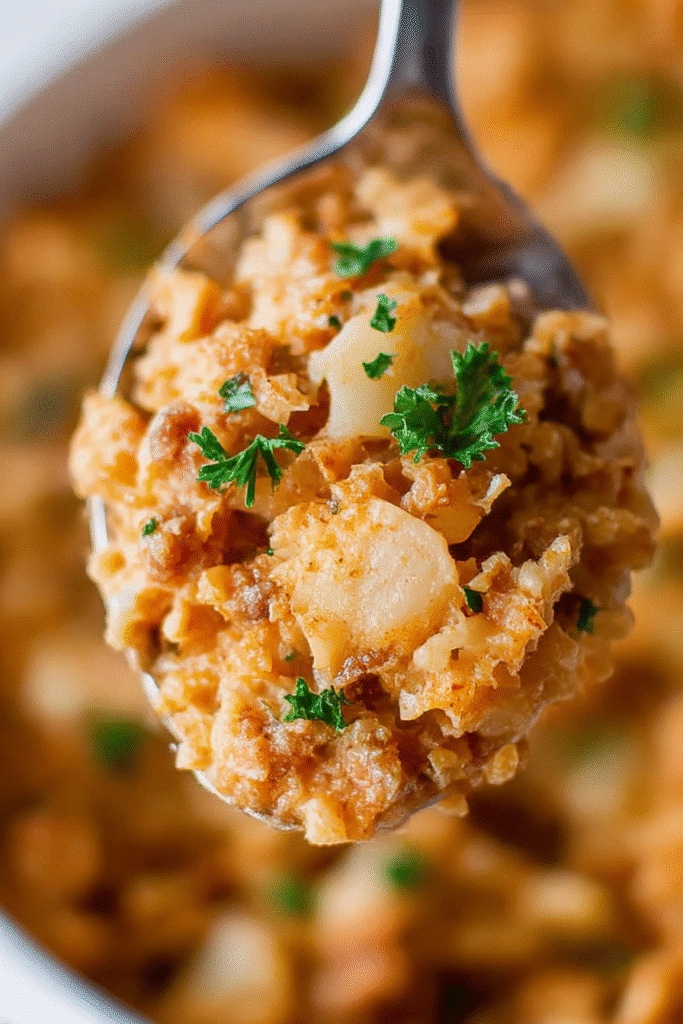 This mouthwatering macro shot highlights a spoonful of sausage taco cauliflower rice skillet, capturing the savory texture and rich seasoning in detail.