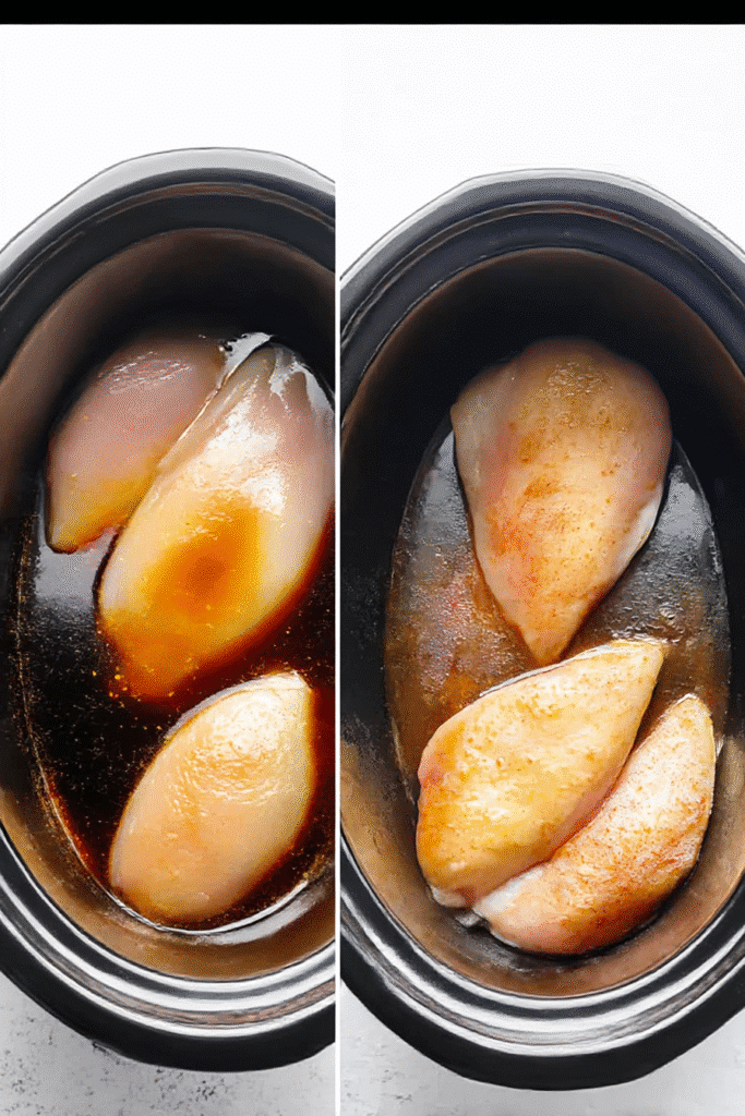 Side-by-side of raw and marinated chicken breasts in crock pot for easy crock pot teriyaki chicken recipe.