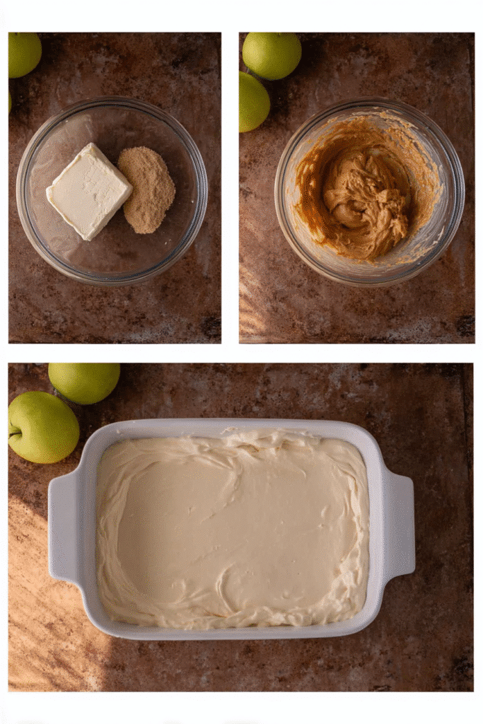 Step-by-step making of easy caramel apple cheesecake dip with cream cheese, brown sugar, and caramel.
