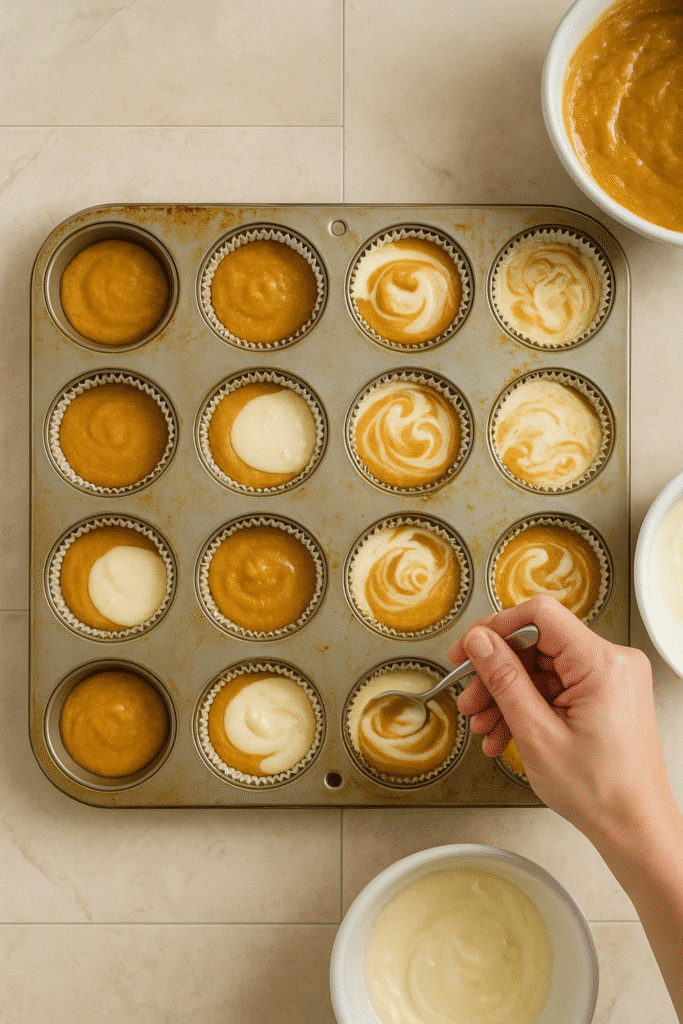 Hand swirling cream cheese into pumpkin muffin batter in a 12-cup muffin tray, on a beige kitchen tile background.