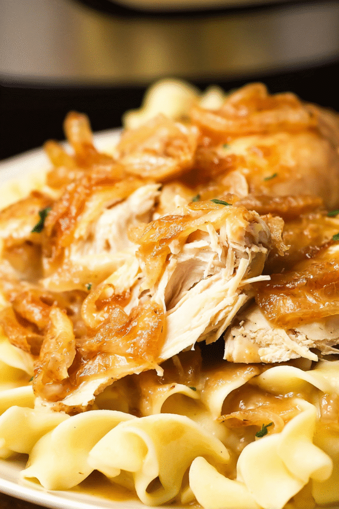 Close-up of shredded Crock Pot French Onion Chicken with melted cheese and crispy onions over noodles in onion gravy.