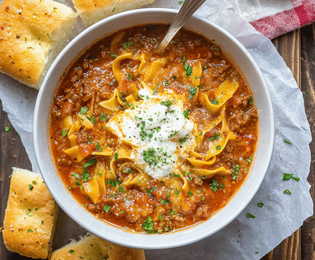 Bowl of the best lasagna soup with wavy noodles, tomato meat sauce, and melted cheese, served with fluffy focaccia bread.