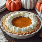 A golden pumpkin pie topped with whipped cream rosettes in a white pie dish, styled for the best pumpkin pie recipe.