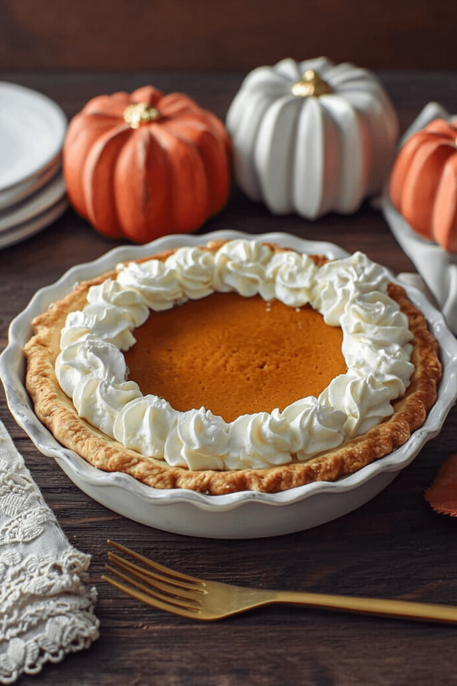 A golden pumpkin pie topped with whipped cream rosettes in a white pie dish, styled for the best pumpkin pie recipe.