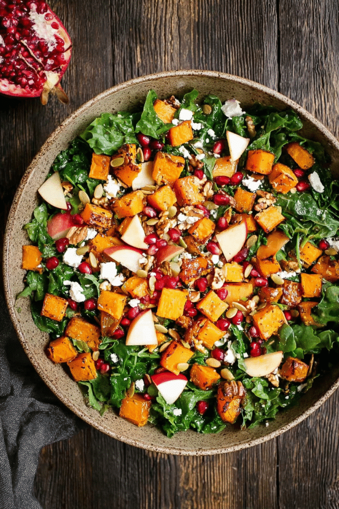 Harvest salad with butternut squash and apple tossed with kale, pomegranate seeds, feta, and pumpkin seeds.