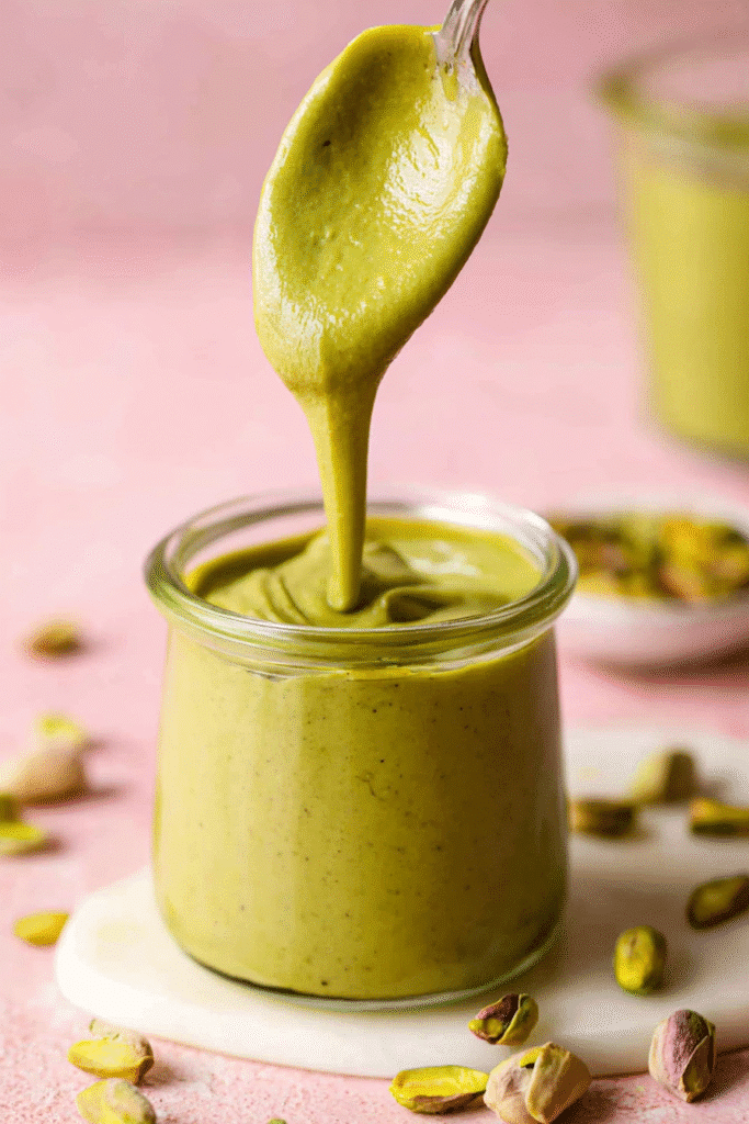 Creamy pistachio butter dripping from a spoon into a glass jar, with nuts and rustic props in the background.