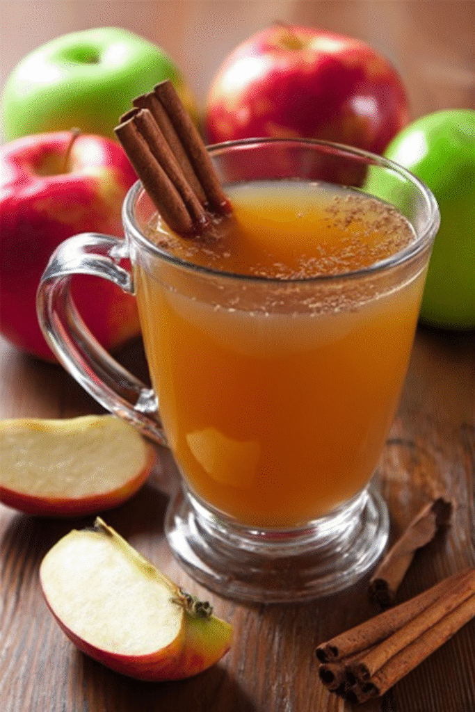 Glass mug of mulled cider in a crockpot style with cinnamon sticks and fresh apples on a rustic wood surface