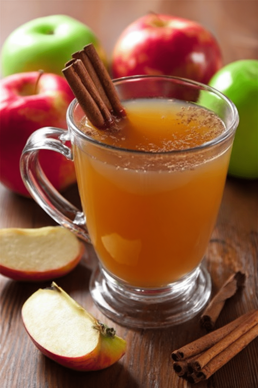 Glass mug of mulled cider in a crockpot style with cinnamon sticks and fresh apples on a rustic wood surface