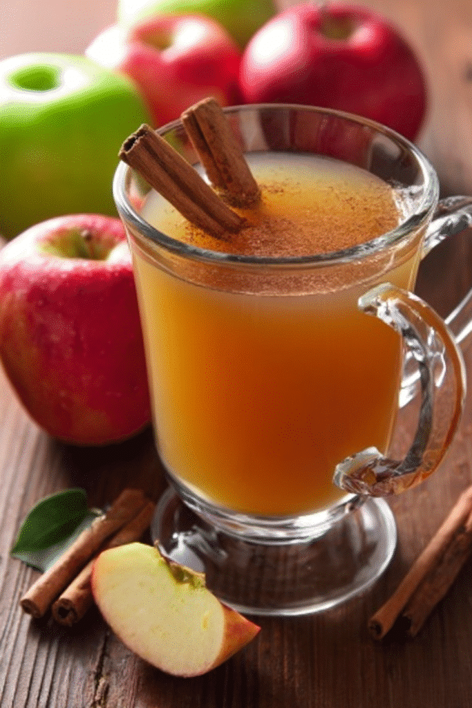 Warm mulled cider in a glass mug with cinnamon sticks and apples, styled for a cozy crockpot cider presentation