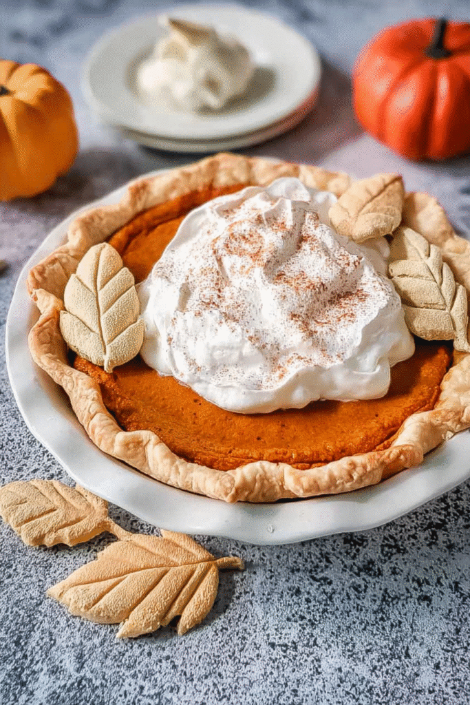 Rustic pumpkin pie with whipped cream and crust leaf toppers, styled for the best pumpkin pie recipe with autumn accents.