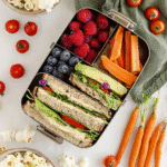 Vegan bento box with hummus veggie sandwich, popcorn, and fresh berries surrounded by carrots and cherry tomatoes.
