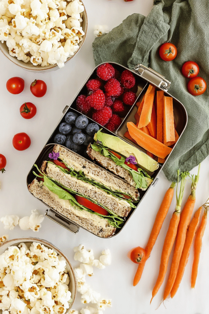 Vegan bento box with hummus veggie sandwich, popcorn, and fresh berries surrounded by carrots and cherry tomatoes.