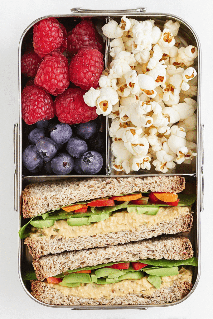 Vegan bento box with hummus veggie sandwich, fresh raspberries, blueberries, and popcorn in a stainless steel lunch container.