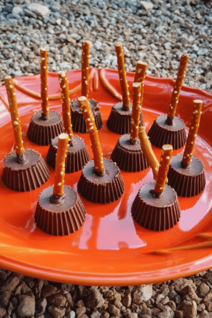 Mini chocolate Witch’s Broomsticks made from peanut butter cups and pretzels on an orange plate.
