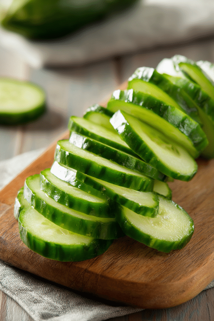 fresh cucumbers being sliced diagonally into thin oval rounds on a wooden cutting board