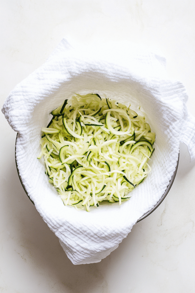 Fresh shredded zucchini in a white towel-lined glass bowl on a white marble surface.