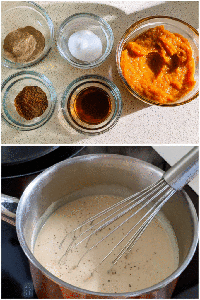 Pumpkin spice coffee creamer ingredients and stovetop whisking process