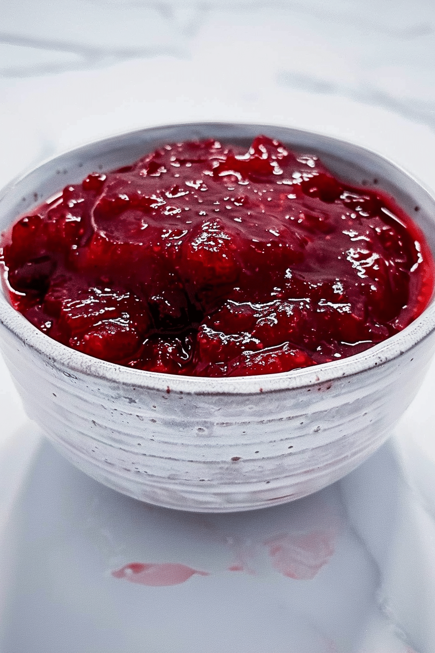 Homemade red berry jam in a rustic white bowl on a marble surface