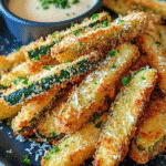 Crispy garlic parmesan zucchini fries air fried to golden perfection with dipping sauce and parsley garnish.