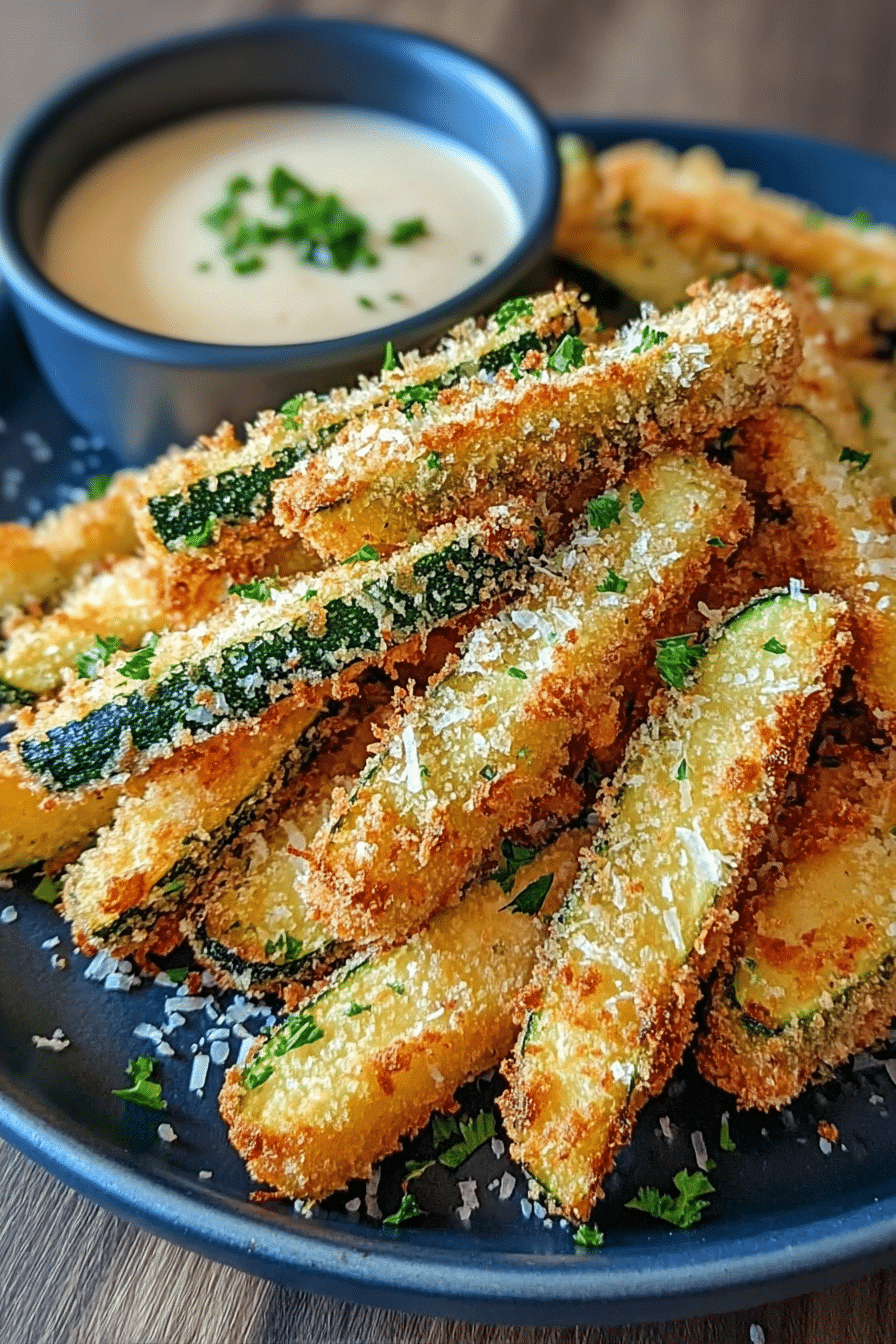 Crispy garlic parmesan zucchini fries air fried to golden perfection with dipping sauce and parsley garnish.