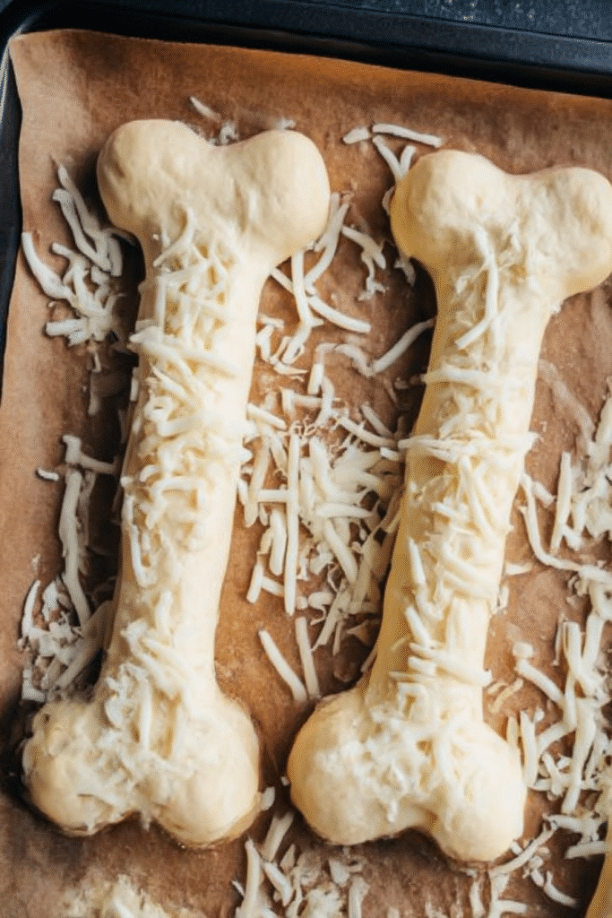 Bone-shaped breadsticks topped with shredded mozzarella cheese on a parchment-lined baking sheet.