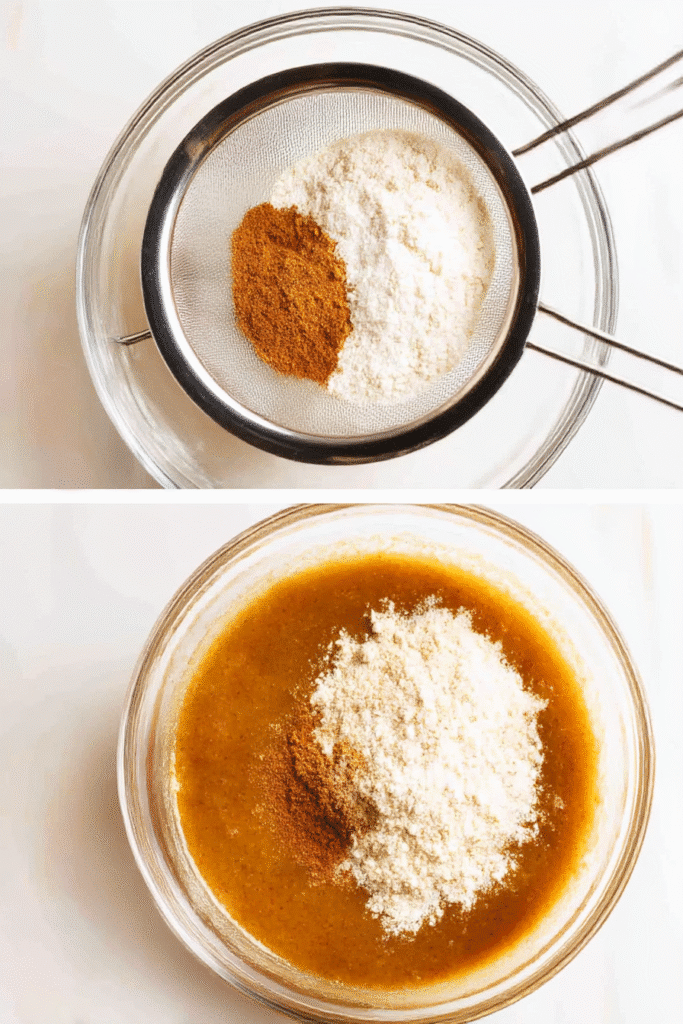 Pumpkin bread batter prep. Sifting dry ingredients: flour and cinnamon. Mixing wet and dry ingredients for pumpkin bread.