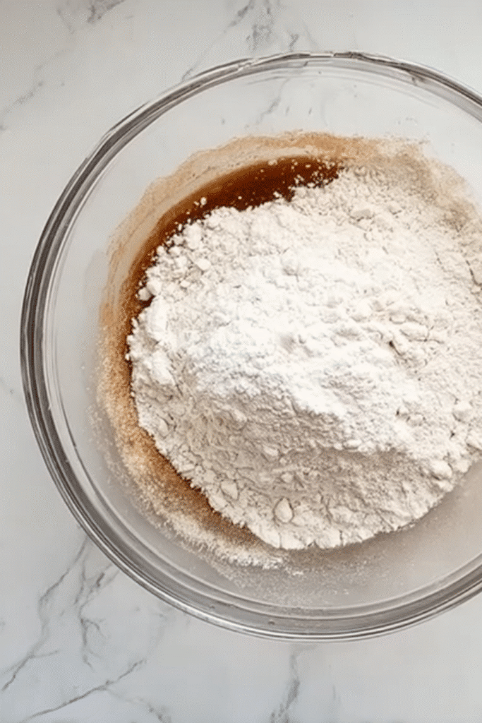 Dry flour added to a brown butter sugar mixture in a clear glass bowl, ready to be mixed for brown butter apple bars.