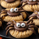 Peanut butter spider cookies decorated with chocolate candy tops, candy eyes, and piped chocolate legs on a Halloween-themed plate.